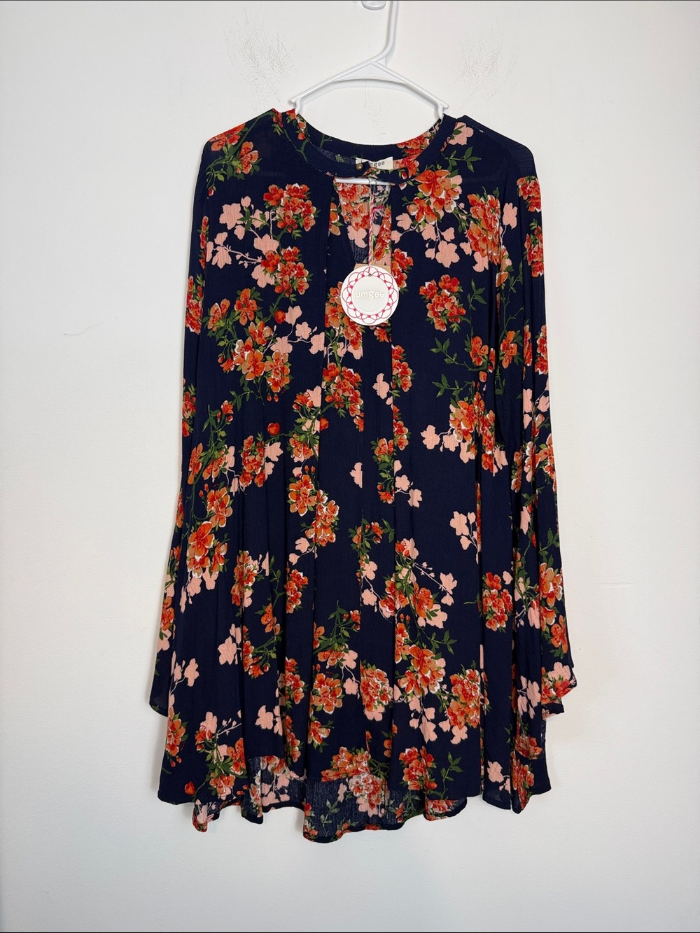 Umgee Boho Navy Blue Floral Button Close Keyhole Tunic Swing Dress. Size Large